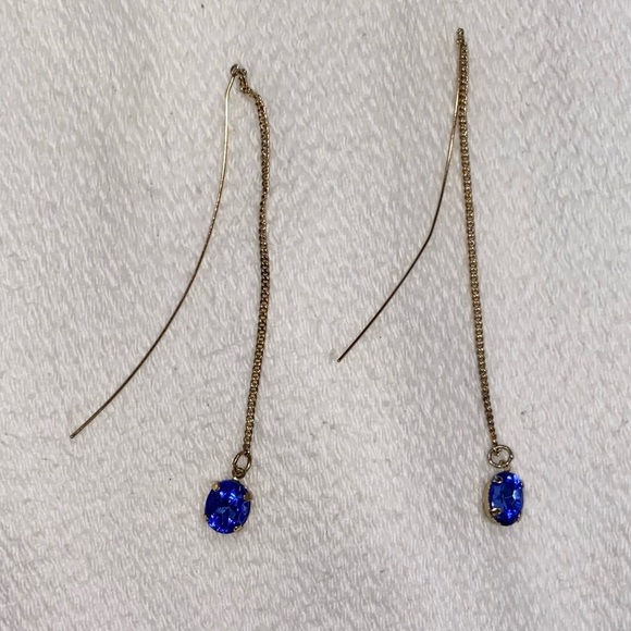 CRYSTAL BLUE DROP STONE Dangling Drop Earrings + Skinny Long Dangling Earrings - Picture 2 of 3